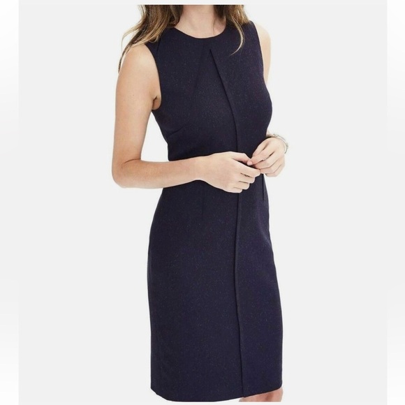 Banana Republic • Pleated Flannel Dress sleeveless sheath navy blue tweed size 2 - Picture 8 of 9